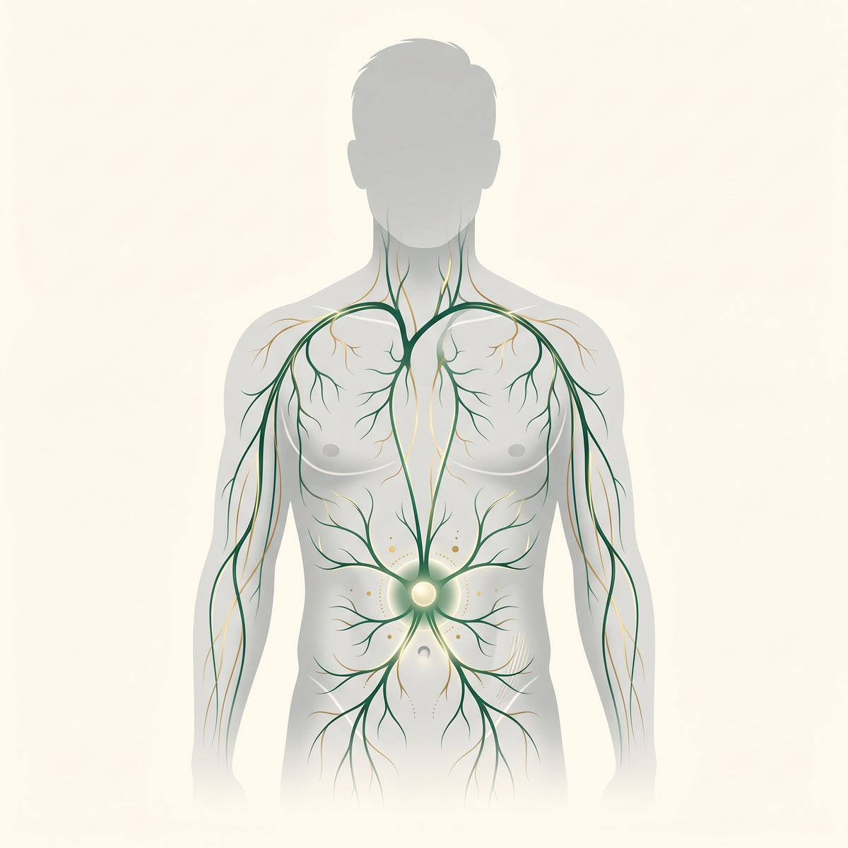 Illustration der Lymphbahnen, die ueber den Bauch zur zentralen Sammelstelle laufen